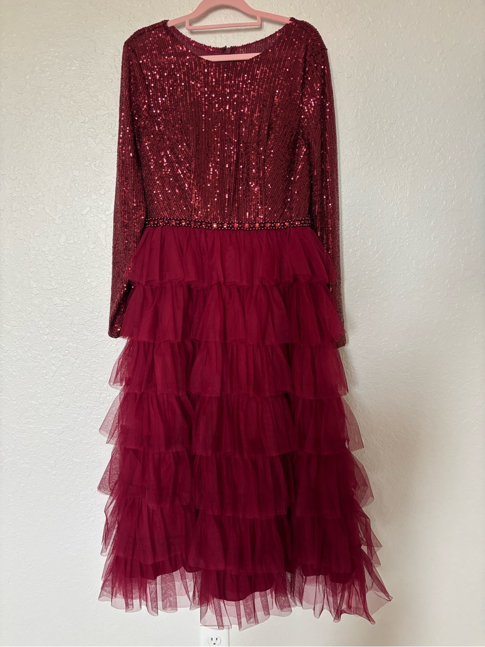 IEENA for Mac Duggal Style 26299 Burgundy Sequin Bodice Tiered Tulle Midi Dress - Picture 15 of 16